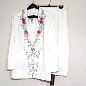 Champagne Italy 3 Pc Maxi Skirt Suit Off White Blue Pink Embroidery